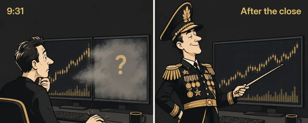 A cartoon in two panels: at 9:31 a trader stares at a chart whose right side is fog and a question mark; after the close a general in full uniform points at the finished chart.