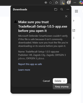 Download-Bereich von Edge: “Make sure you trust TradeRecall…”, mit den Tasten Cancel und Delete.