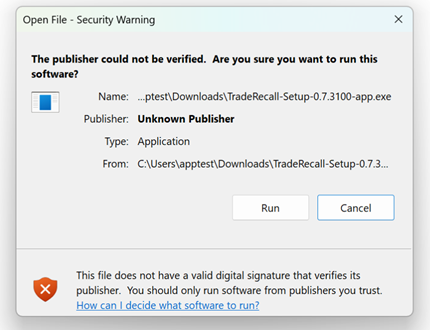 Windows-Dialog Open File – Security Warning: Der Herausgeber konnte nicht verifiziert werden, mit den Tasten Run und Cancel.